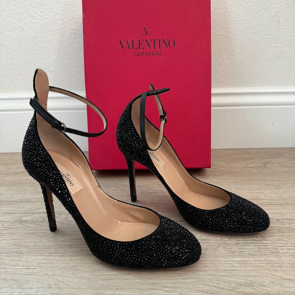 VALENTINO Black Crystal Embellished Ankle Strap Pumps - EU 39